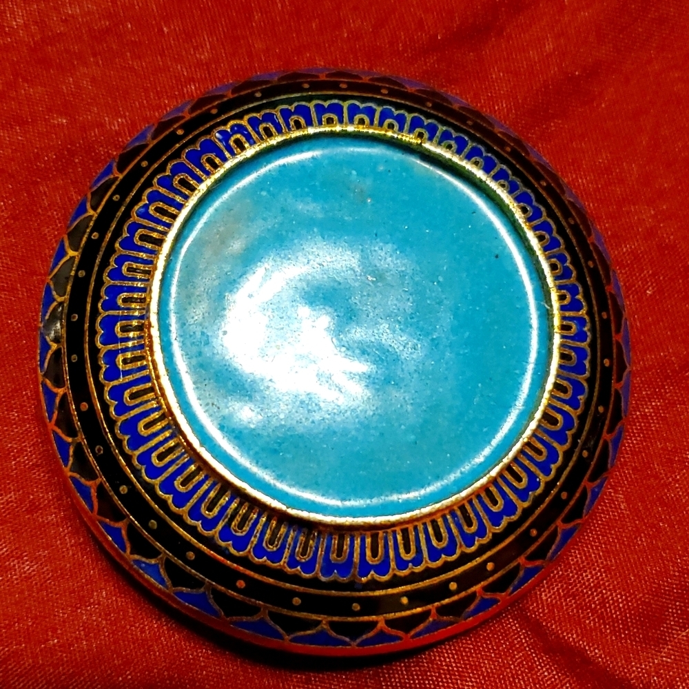 Cloisonné Vintage Enamel Brass Round Ring Pill Trinket Box Lotus Flower Blue - Picture 3 of 9